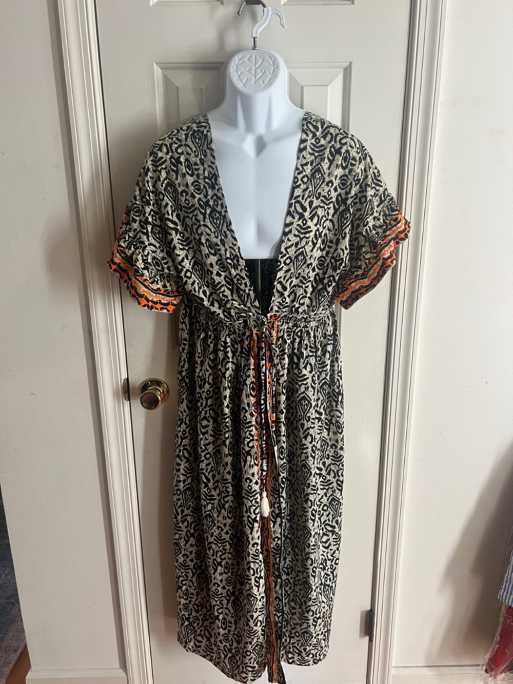 Black & Cream Printed Maxi Dress with Orange Accent O/S